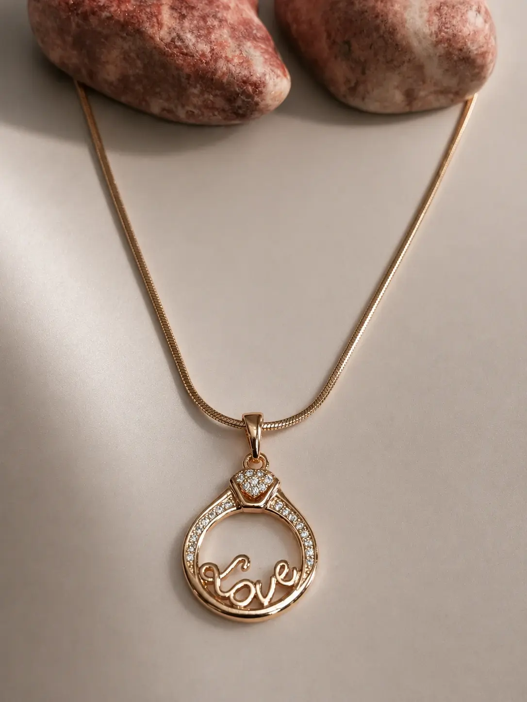 gold love ring pendant necklace with sparkling Love design