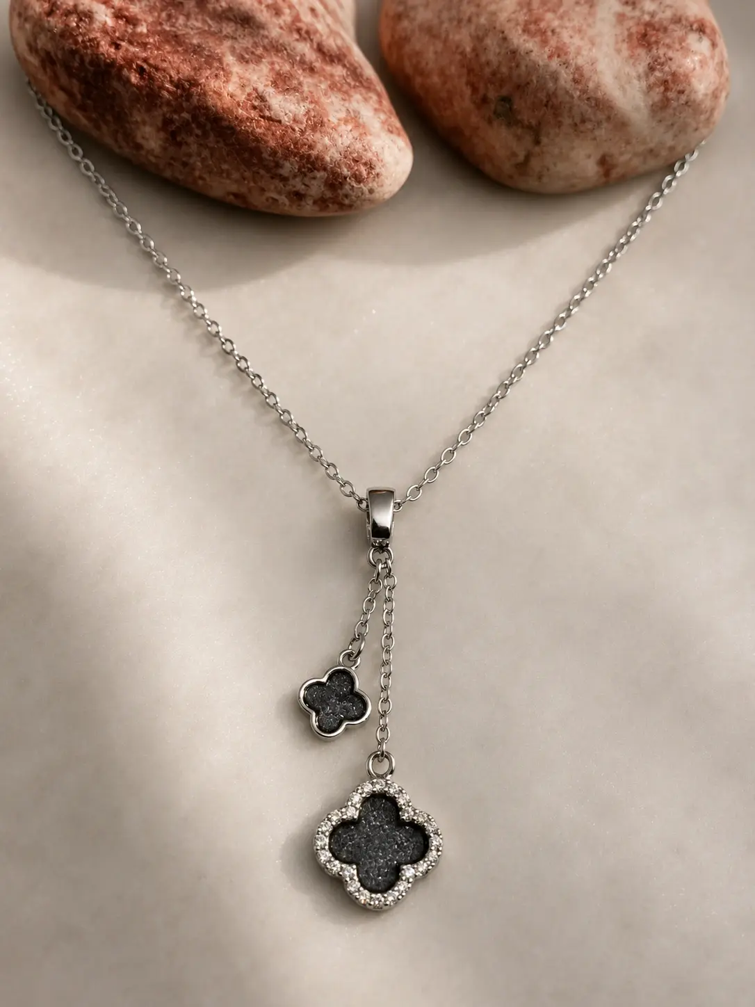 silver black double clover necklace with sparkling drop charms