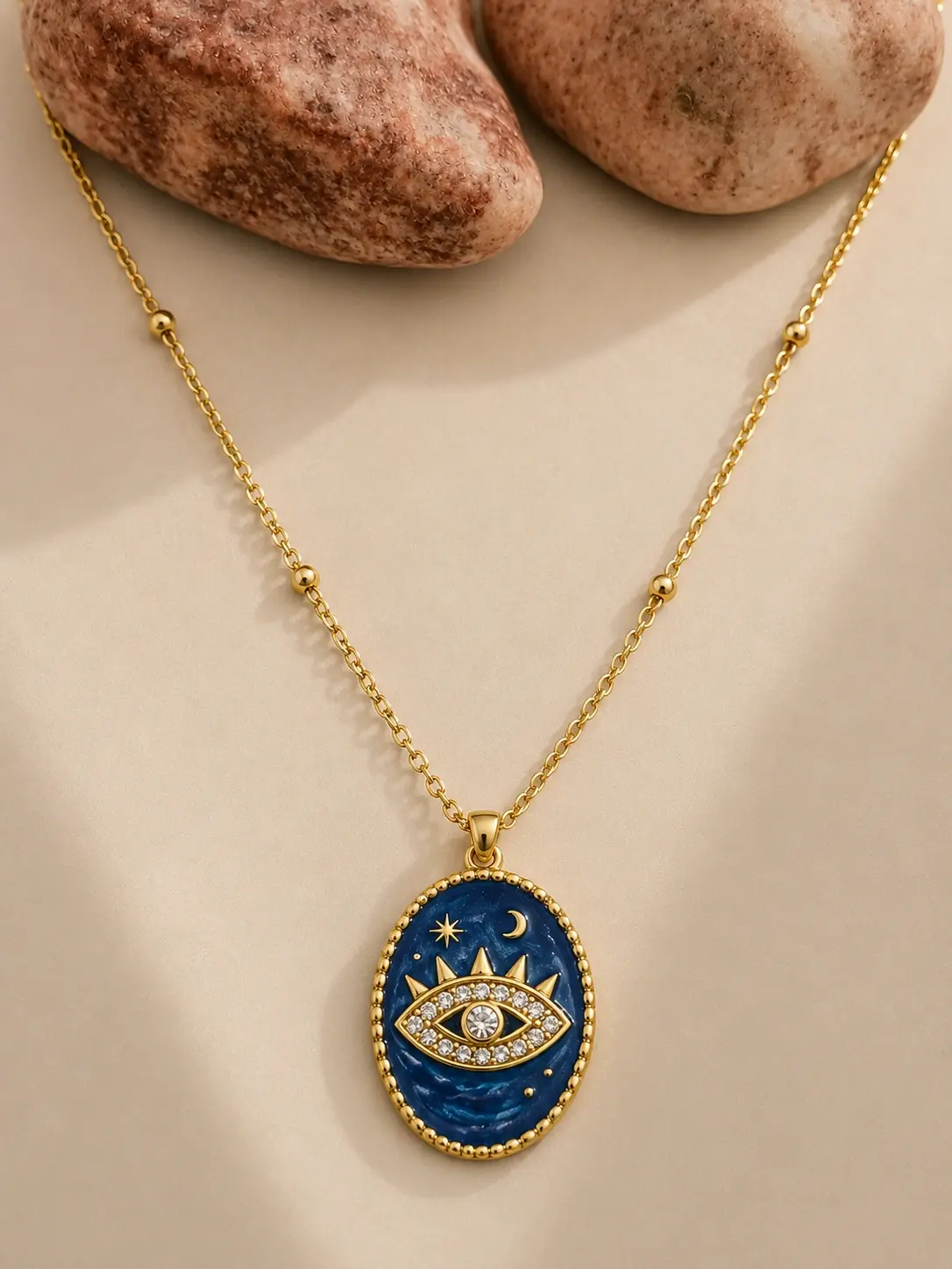 gold blue celestial eye necklace with star and crescent pendant