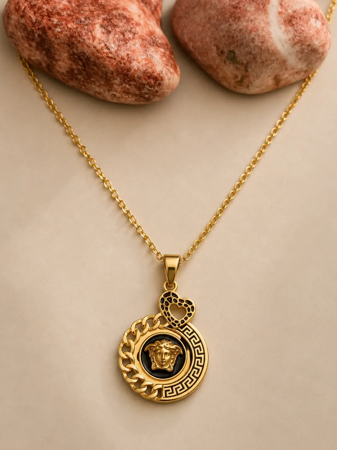 gold black chain medallion necklace with heart charm