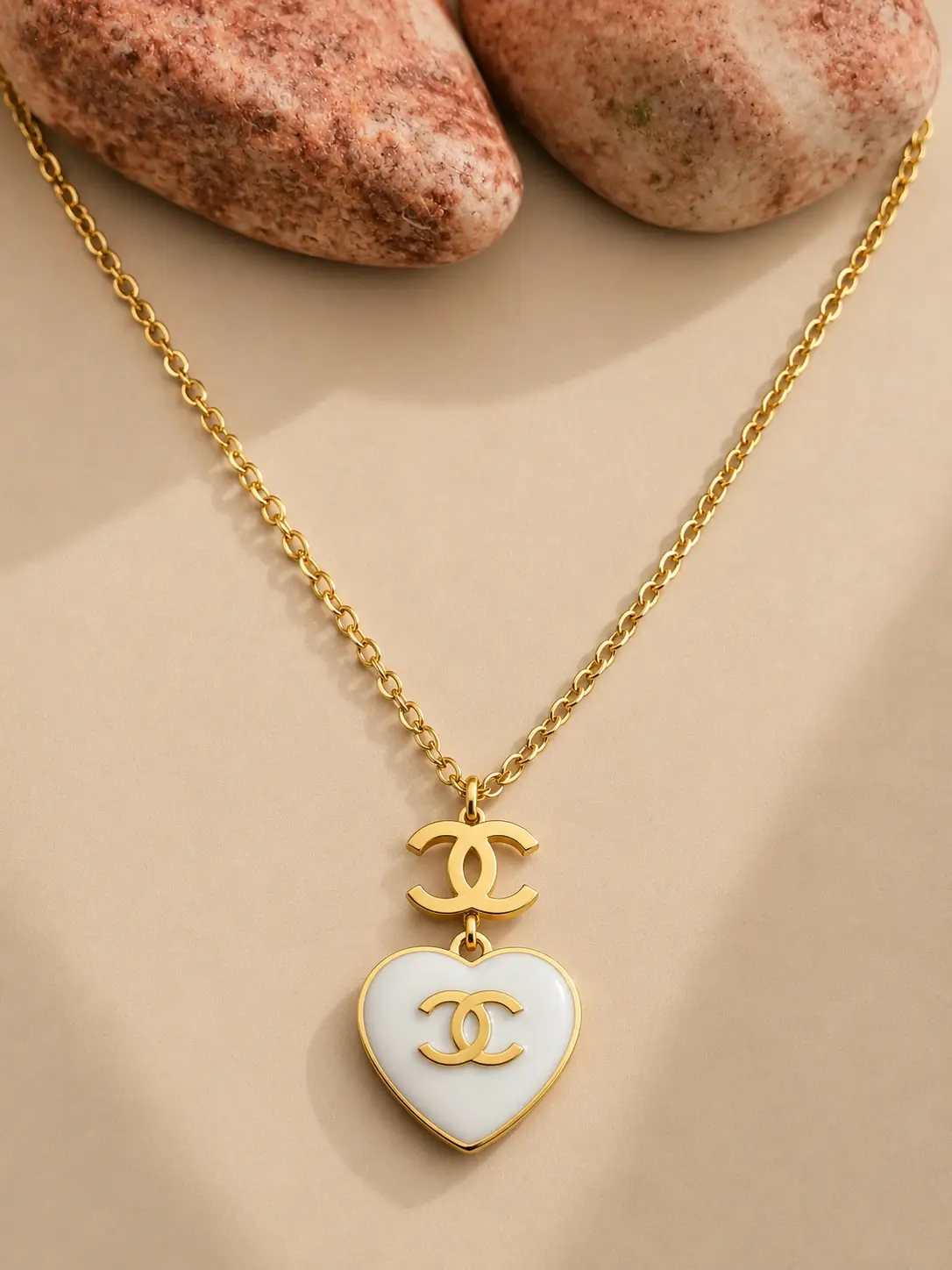 gold white layered heart necklace with glossy heart pendant