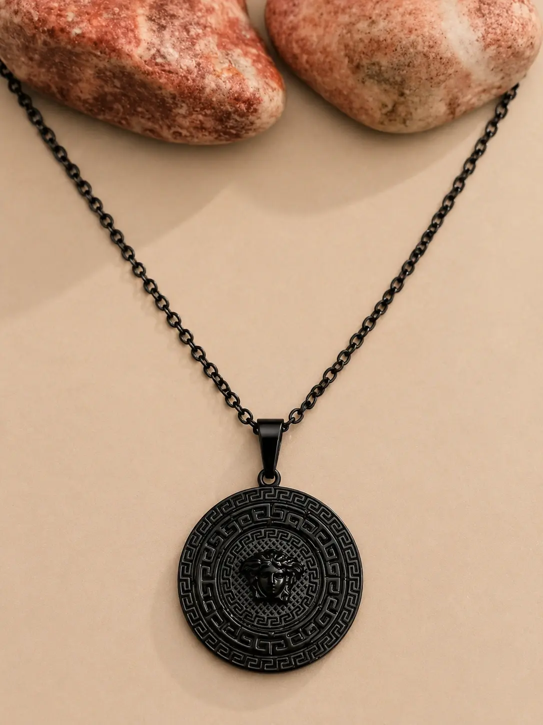 black Greek pattern medallion necklace with round engraved pendant