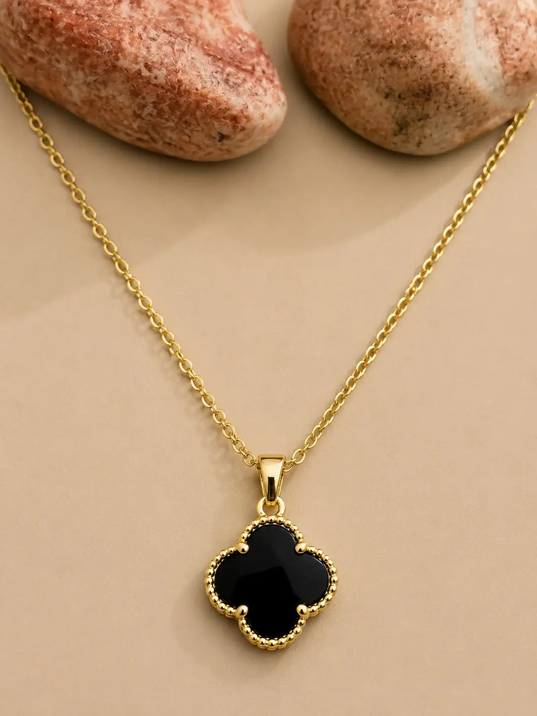 gold black clover pendant necklace with beaded gold border