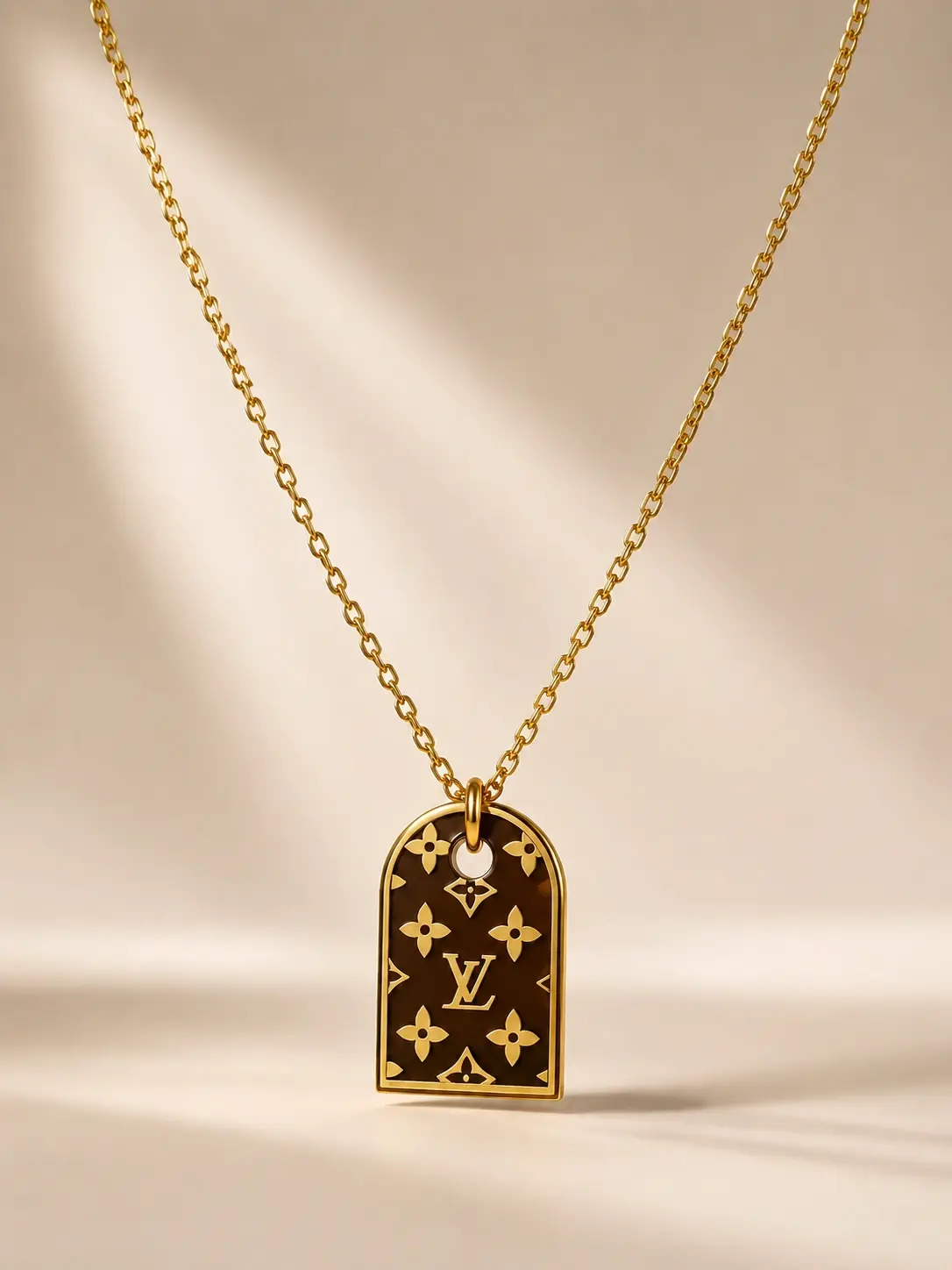 gold brown floral tag necklace with patterned tag pendant