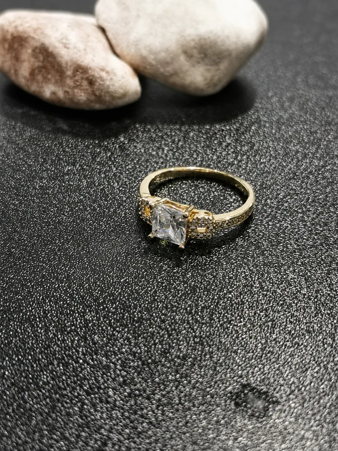 gold tone square center side cluster ring with clear stone accents