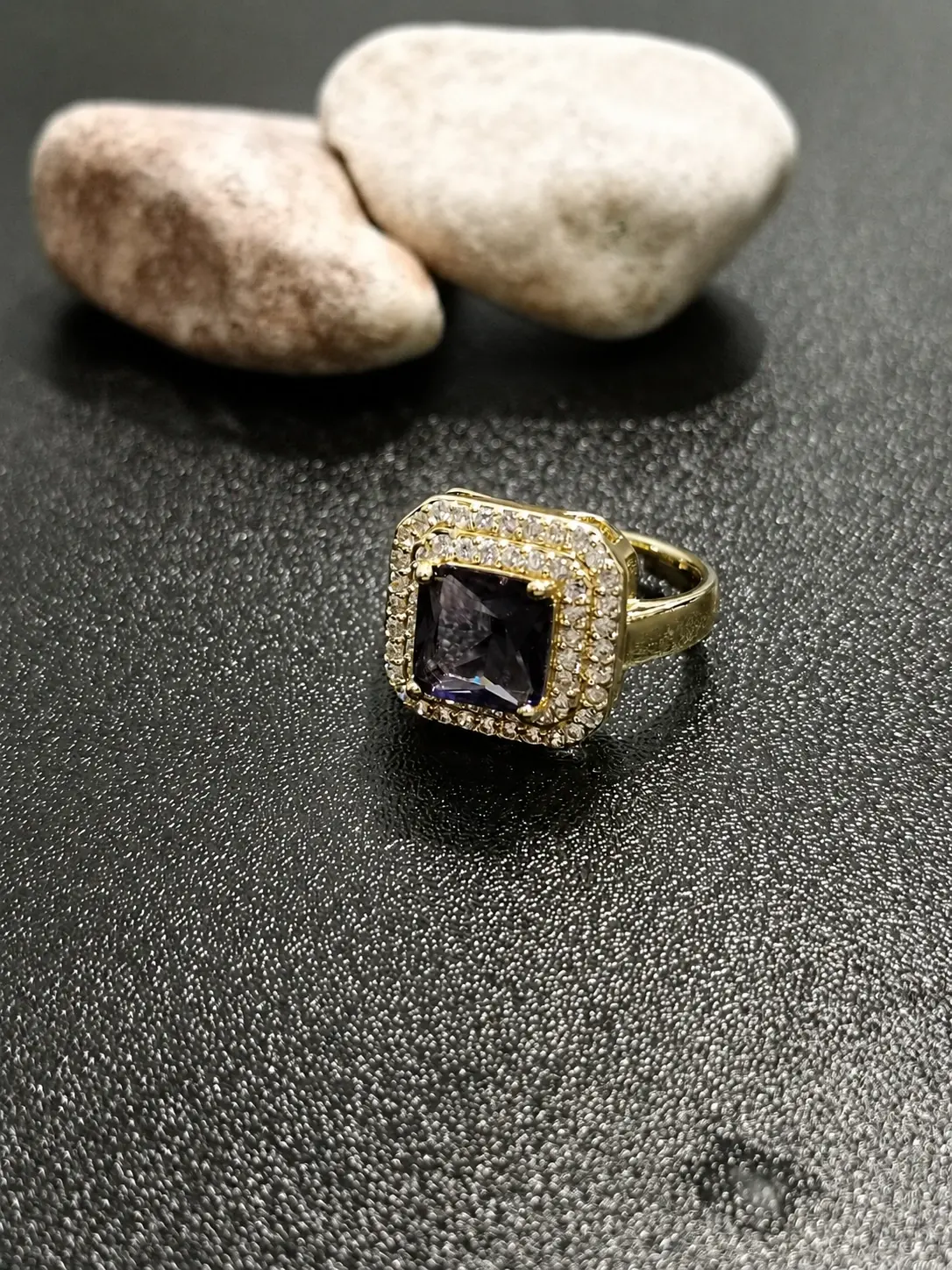 gold tone dark square double halo ring with clear stone accents