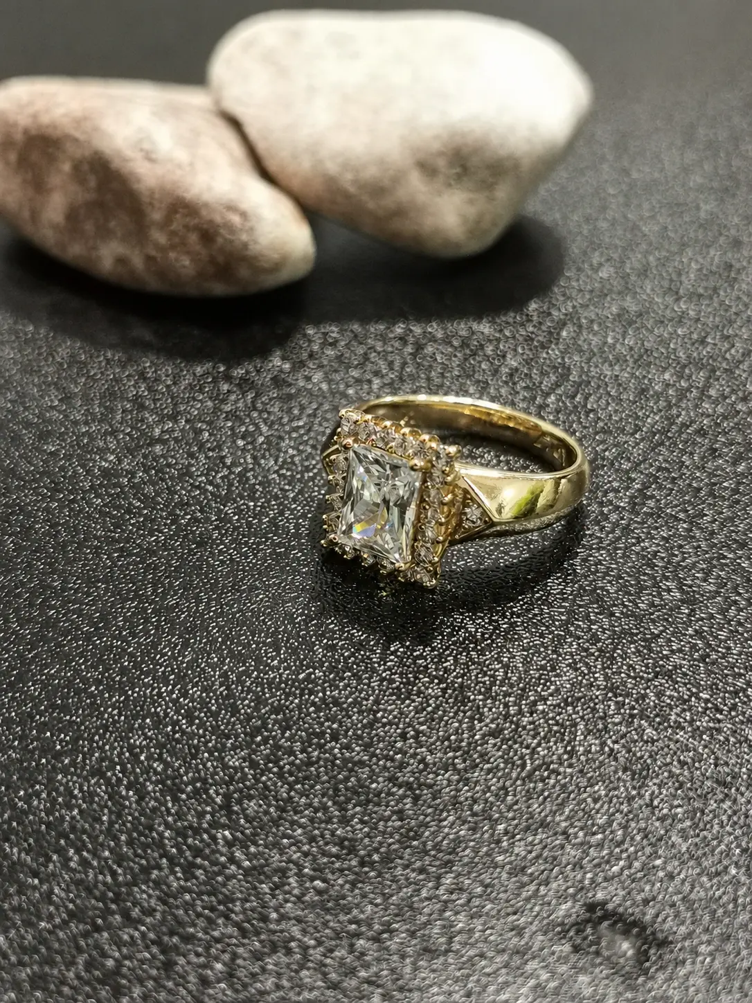 gold tone rectangular halo statement ring with clear centre stone