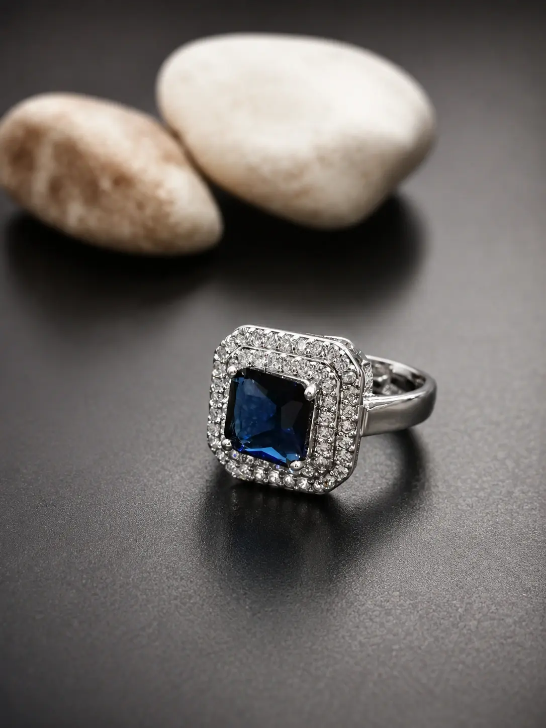 silver tone blue square halo ring with double clear stone halo