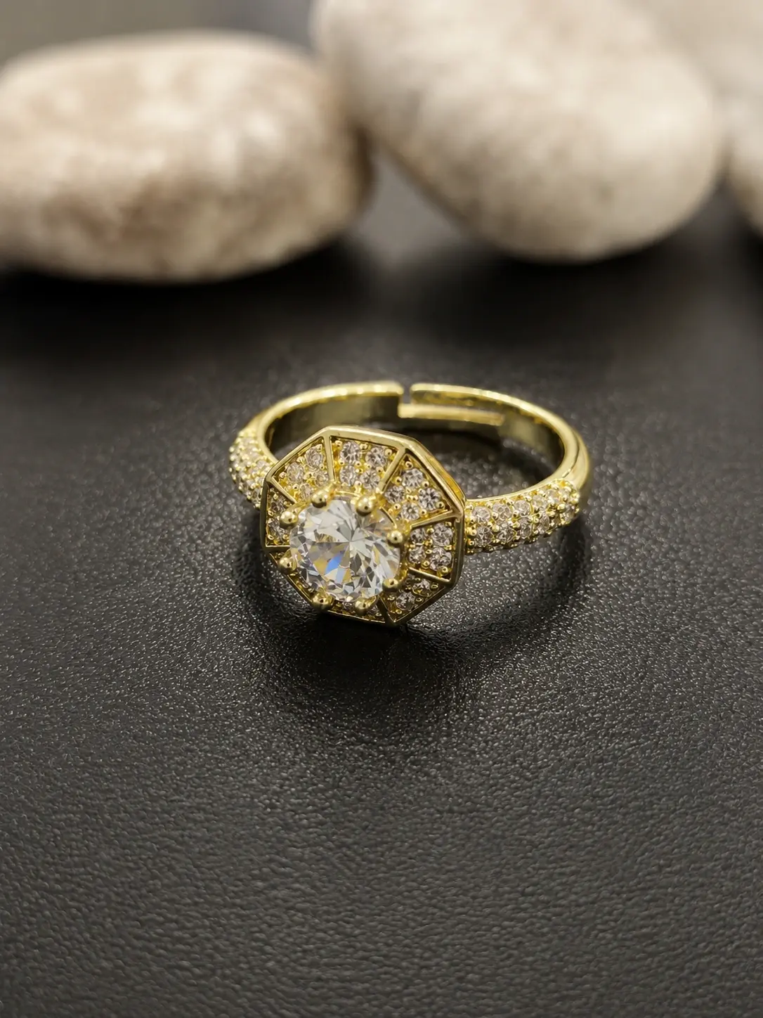 gold tone round halo adjustable ring with clear centre stone