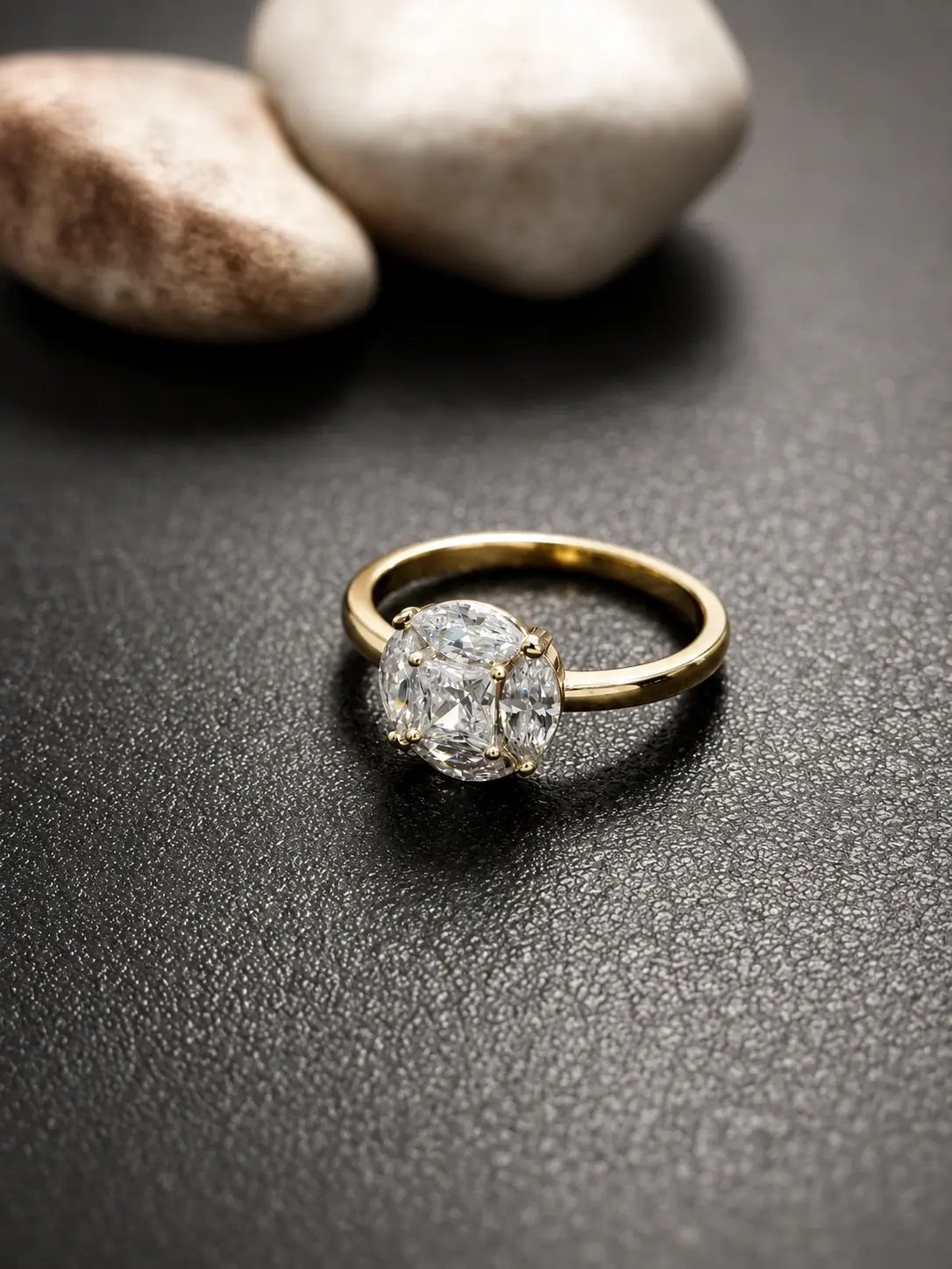 gold tone oval three stone ring with clear side stones