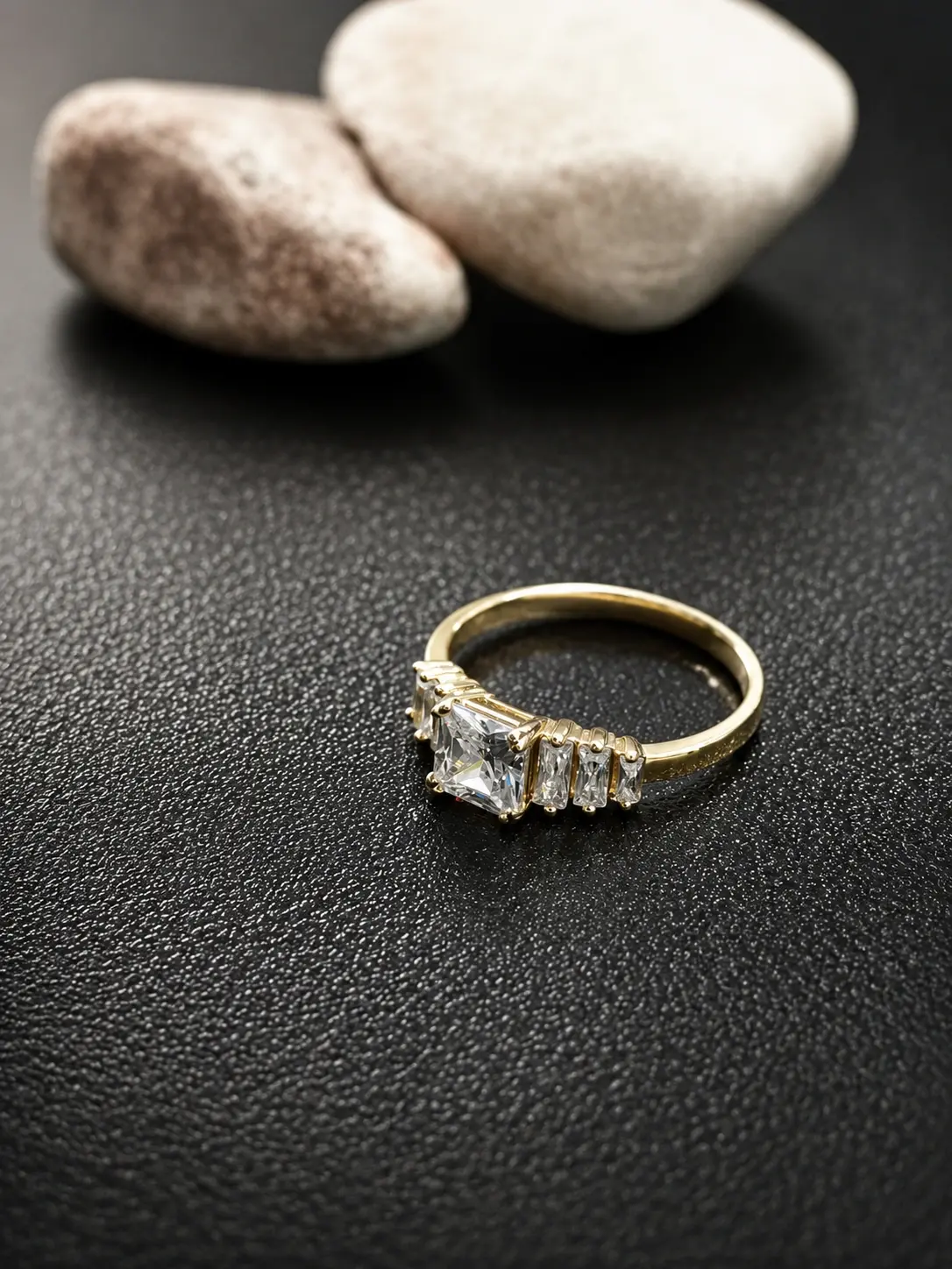 gold tone square cut stone ring with baguette side stones